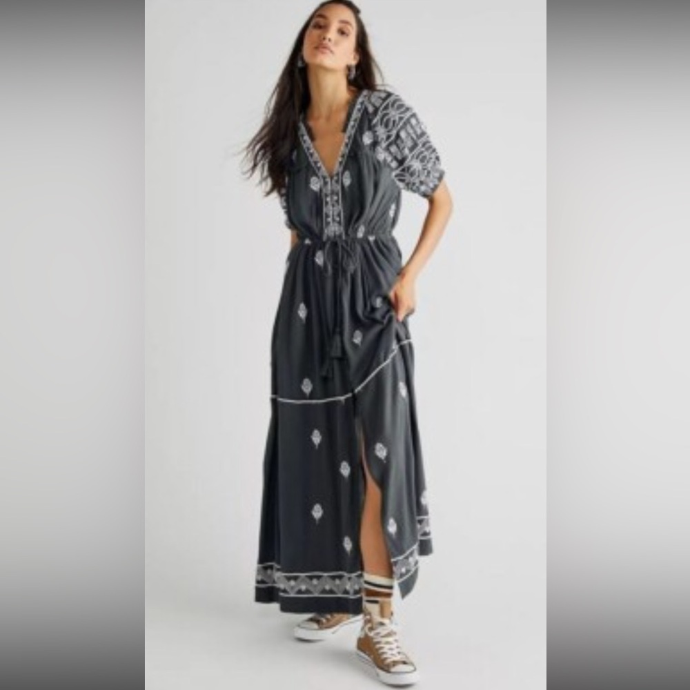 Free People Charcoal Maxi Dress with White Embroidery